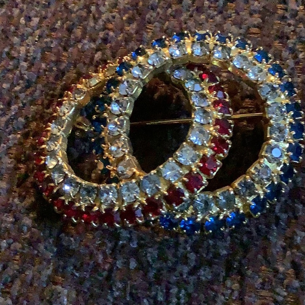 Patriotic red white and blue rhinestones brooch